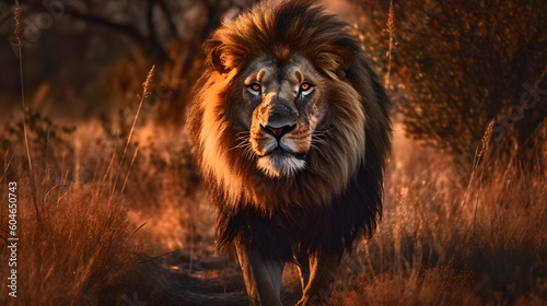 Animal Power - Creative and wonderful full body picture of a male lion walking in the steppes of Africa that is as true to the original and photo-like as possible