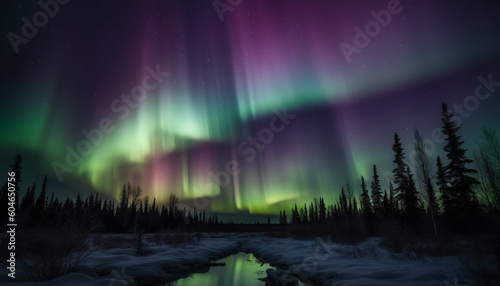 Arctic night illuminated by aurora, stars and glowing galaxy reflection generated by AI © Stockgiu
