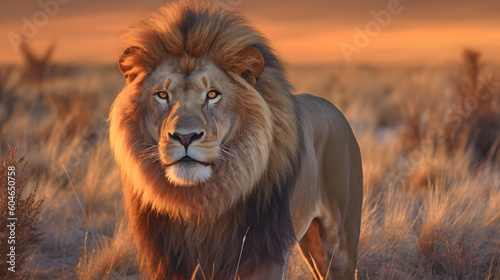 Animal Power - Creative and beautiful full length portrait of a male lion standing in the African steppe in the evening light true to the original and photo-like