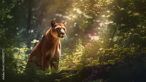 Animal Power - Creative and wonderful full body picture of a male puma in a forest at midday true to the original and photo like