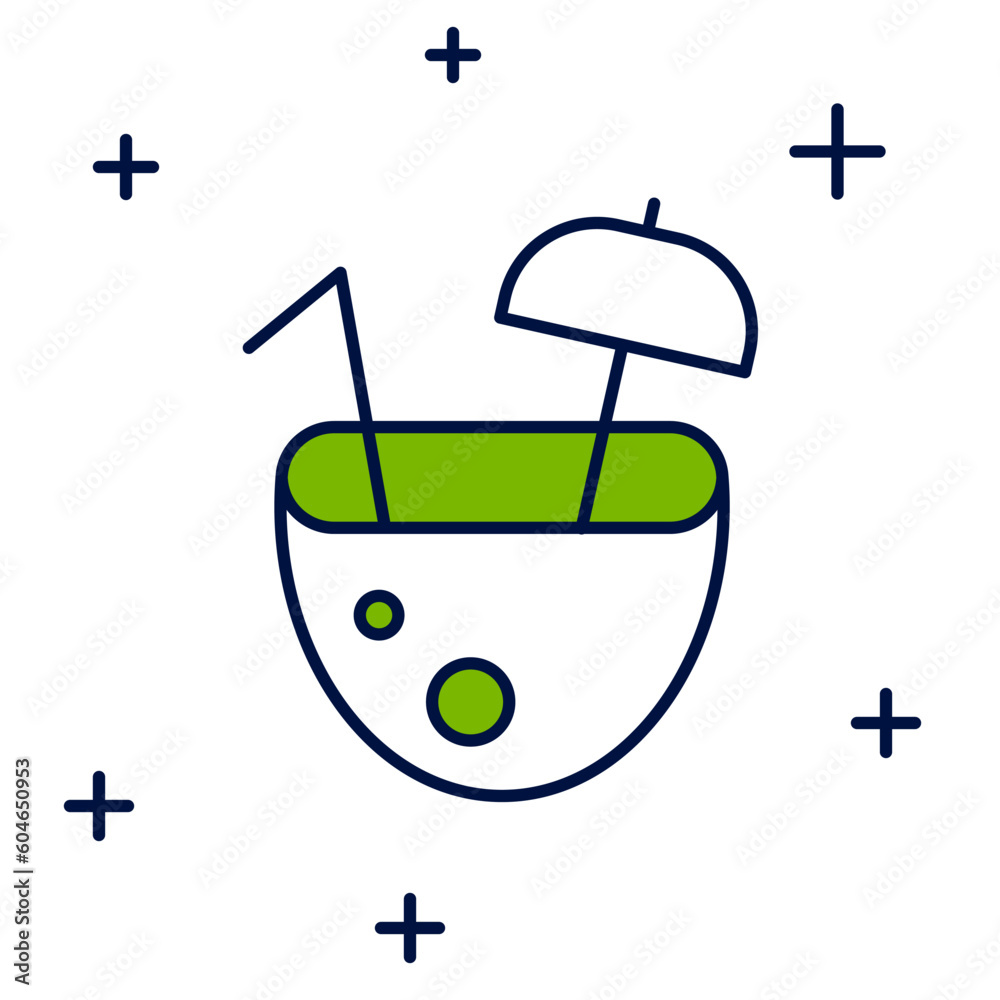 Filled outline Coconut juice exotic fresh cocktail and umbrella icon isolated on white background. Vector Filled outline Coconut juice exotic fresh cocktail and umbrella icon isolated on white background. Vector