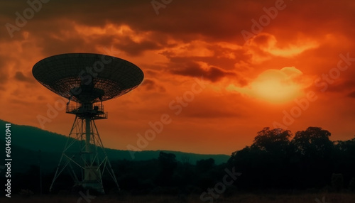 Radio telescope captures data from space at dusk on mountain generated by AI