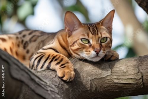 portrait of bengal cat laying on the branch of tree in Summer day, created with Generative AI Technology © Ekaterina Shvaygert