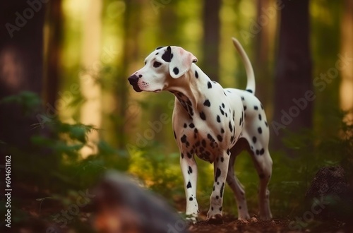 Dalmatian is walking in the forest. Generative AI.