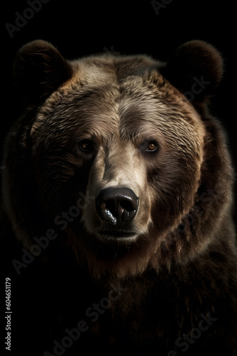 Animal Power - Creative and wonderful colored frontal portrait of a bear like male grizzly in front of a dark background that is as true to the original as possible and photo-like