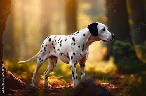 Dalmatian is walking in the forest. Generative AI.