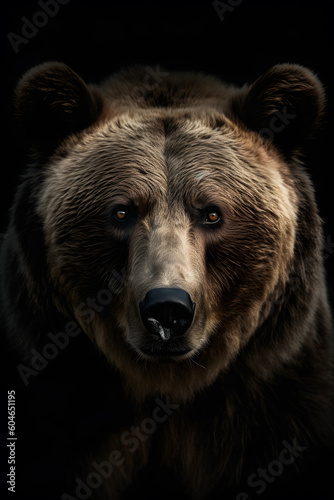 Animal Power - Creative and wonderful colored frontal portrait of a bear like male grizzly in front of a dark background that is as true to the original as possible and photo-like