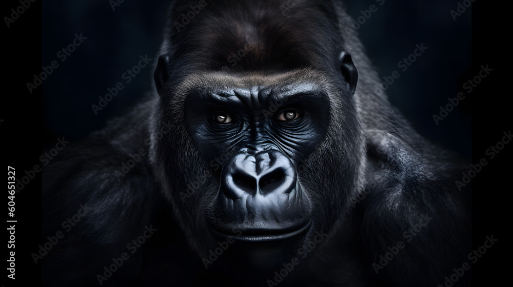 Animal Power -Creative and gorgeous colored frontal portrait of a male gorilla against a dark background that is as true to the original as possible and photo-like