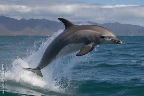 dolphin jumping from sea water over ocean wave  created with Generative AI Technology