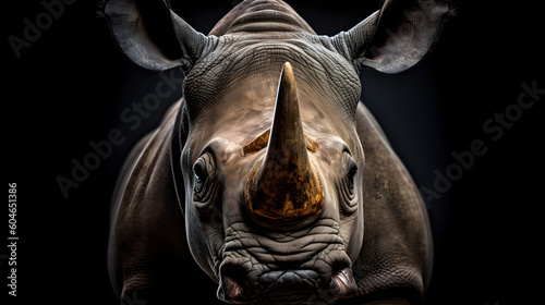 Animal Power - Creative and wonderful colored frontal portrait of a rhinoceros in front of a dark background that is as true to the original as possible and photo-like with studio light