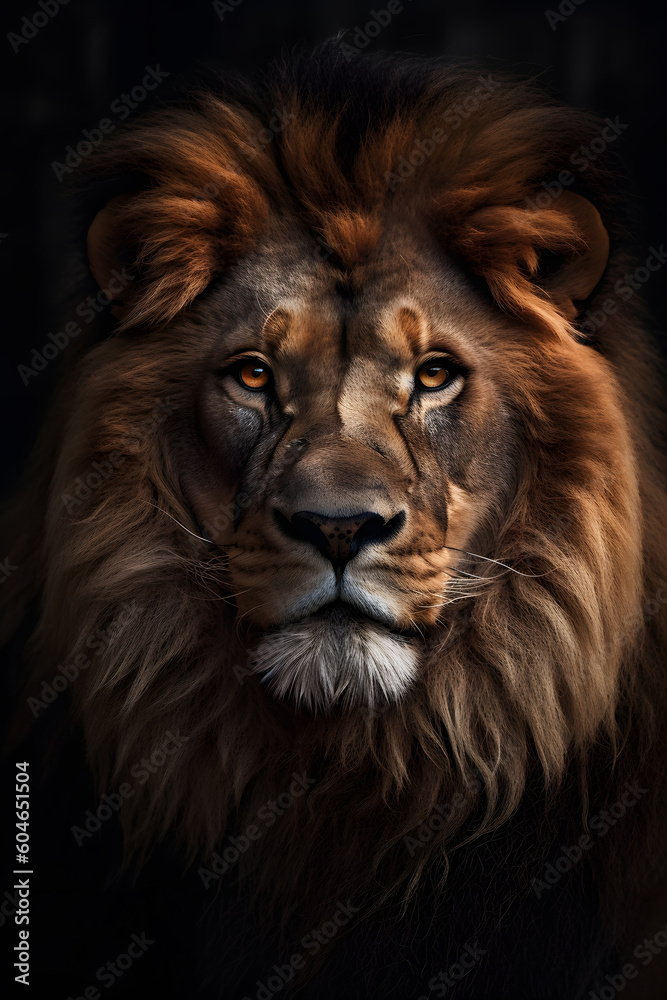 Animal Power - Creative and wonderful colored portrait of a male lion in front of a dark background that is as true to the original as possible and photo-like