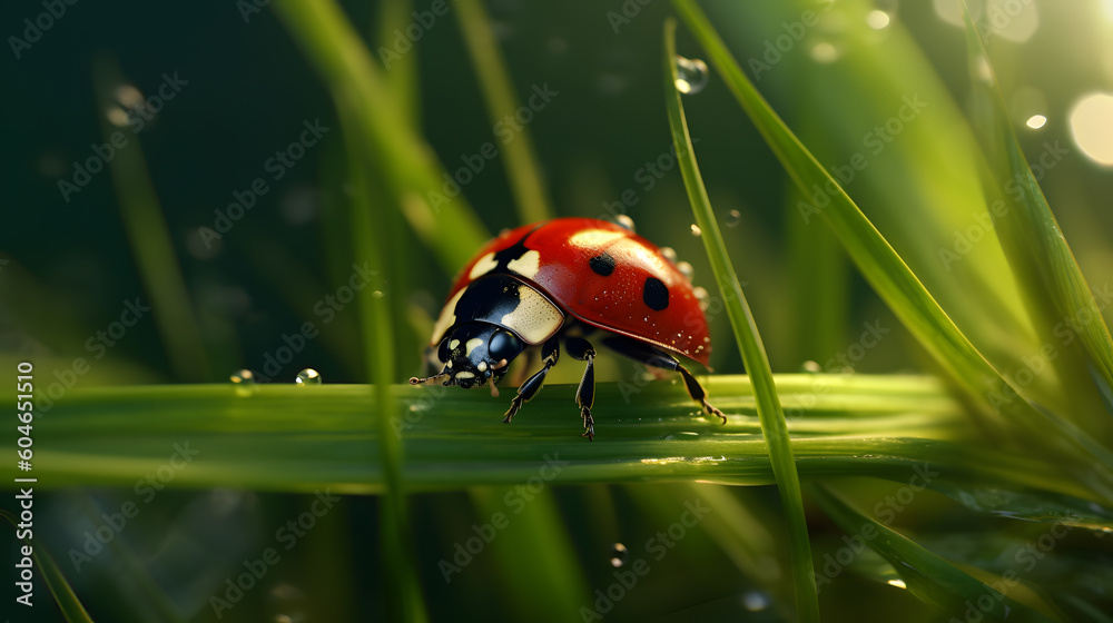 Obraz premium macro shots of a cute ladybug sitting on a blade of grass