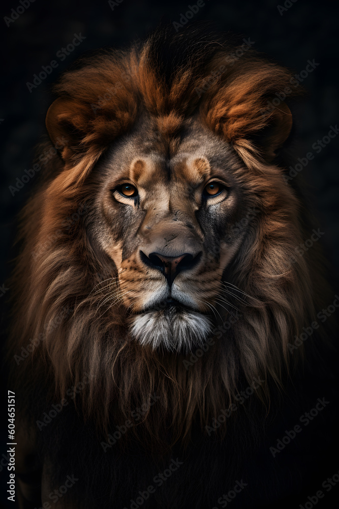 Fototapeta premium Animal Power - Creative and wonderful colored portrait of a male lion in front of a dark background that is as true to the original as possible and photo-like