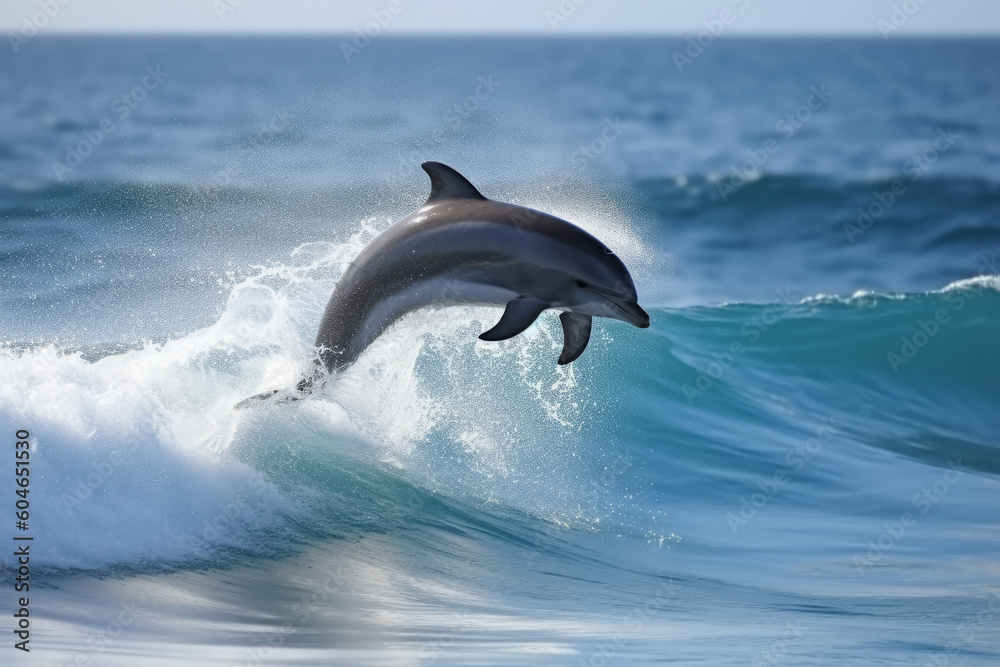 Fototapeta premium dolphin jumping from sea water over ocean wave, created with Generative AI Technology