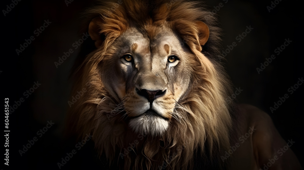 Animal Power - Creative and wonderful colored portrait of a male lion in front of a dark background that is as true to the original as possible and photo-like