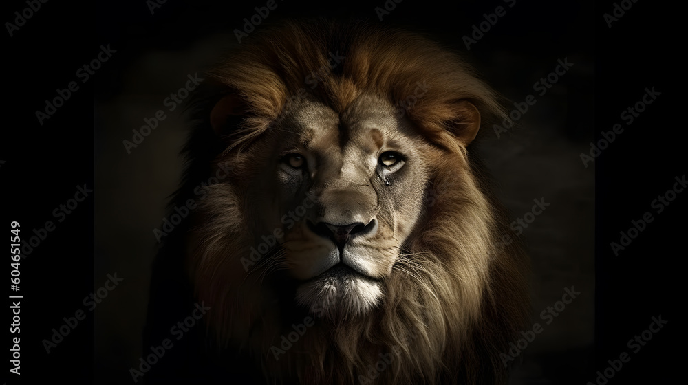 Naklejka premium Animal Power - Creative and wonderful colored portrait of a male lion in front of a dark background that is as true to the original as possible and photo-like