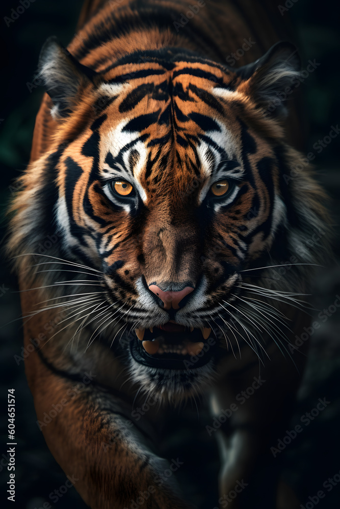 Animal Power - Creative and wonderful colored portrait of a roaring männlichen tigers in front of a dark background that is as true to the original and photo-like as possible