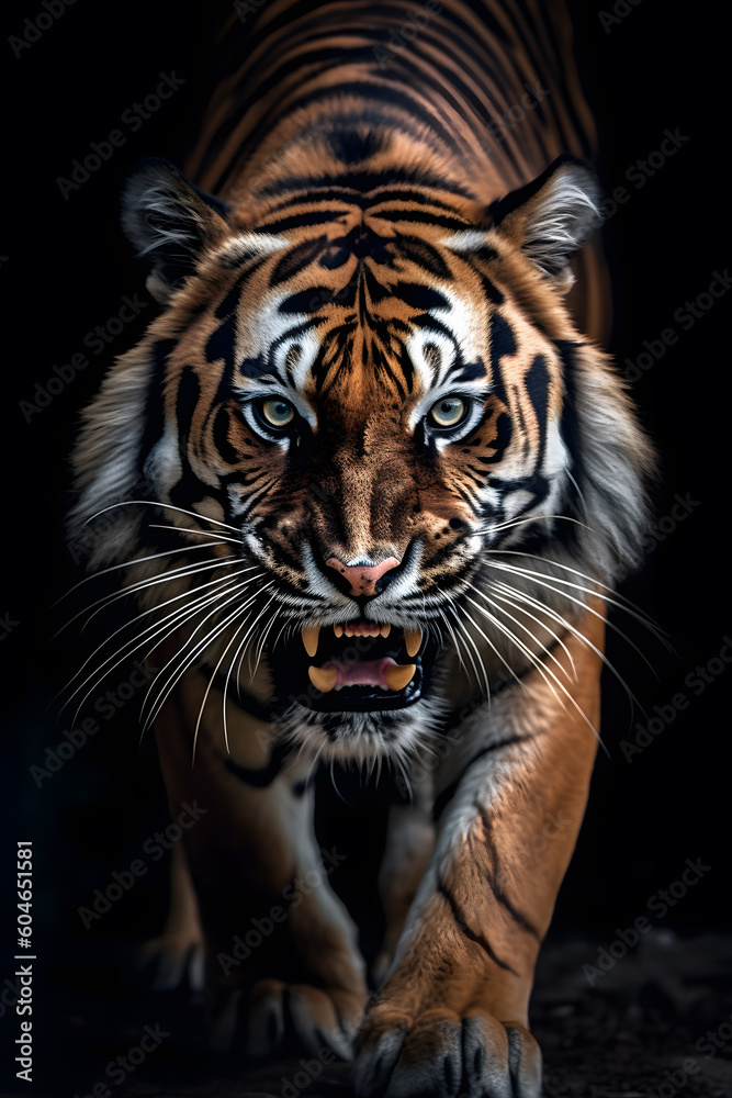 Animal Power - Creative and wonderful colored portrait of a roaring männlichen tigers in front of a dark background that is as true to the original and photo-like as possible
