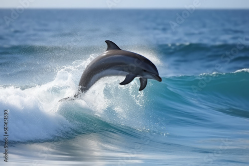 dolphin jumping from sea water over ocean wave, created with Generative AI Technology © Ekaterina Shvaygert