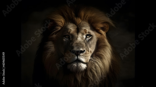 Animal Power - Creative and wonderful colored portrait of a male lion in front of a dark background that is as true to the original as possible and photo-like photo
