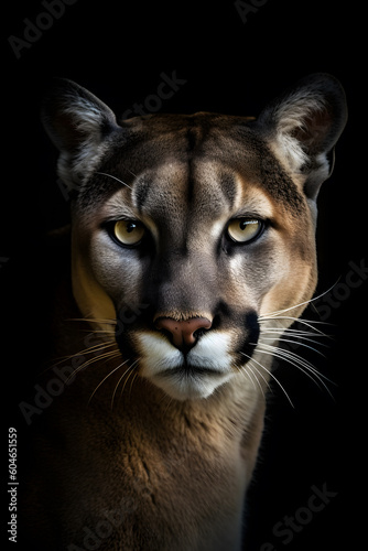 Animal Power - Creative and wonderful portrait of a male puma against dark background in detail true to the original and photo like