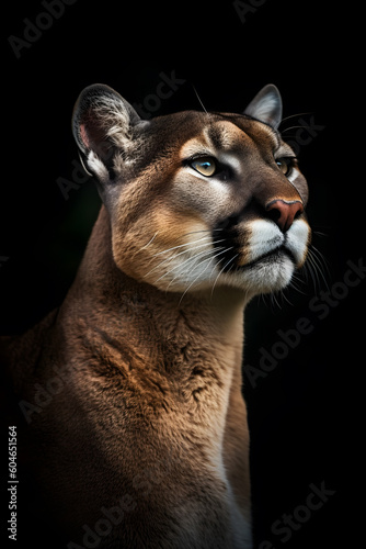 Animal Power - Creative and wonderful portrait of a male puma against dark background in detail true to the original and photo like