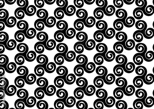 black and white pattern with spiral hand drawing on white background