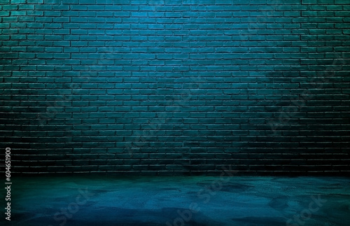 dark black brick wall background, rough concrete and plastered concrete floor, with neon blue glowing lights from above. lighting effect blue and green on empty brick wall background for design.