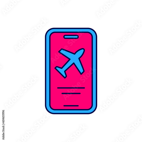 Filled outline Smartphone with electronic boarding pass airline ticket icon isolated on white background. Passenger plane mobile ticket for web and app. Vector