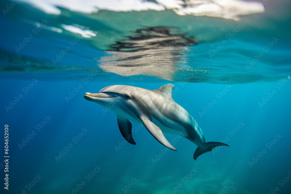 dolphin underwater in clear ocean, created with Generative AI Technology dolphin underwater in clear ocean, created with Generative AI Technology