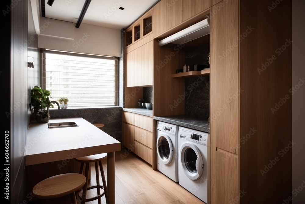 Generative AI small kitchen with washing machine modern style Photography Generative AI small kitchen with washing machine modern style Photography