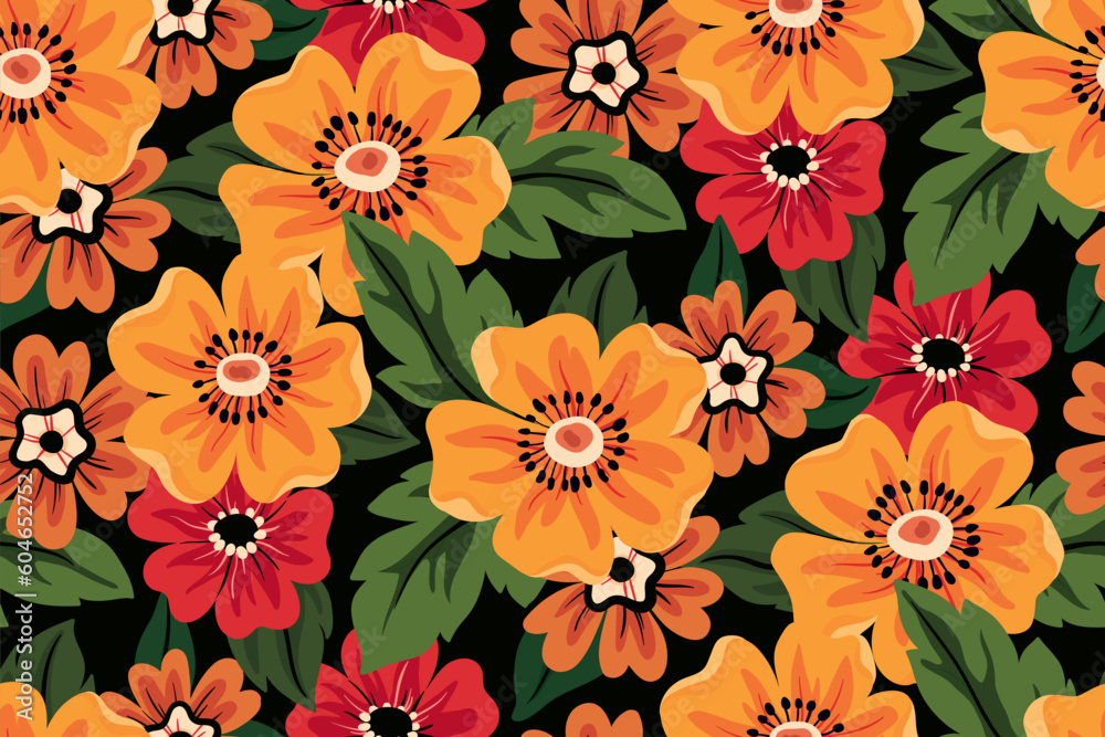 Seamless floral pattern, decorative ditsy print with autumn botany in folk style. Vintage botanical design with hand drawn plants: yellow, red flowers, leaves on a dark background. Vector illustration