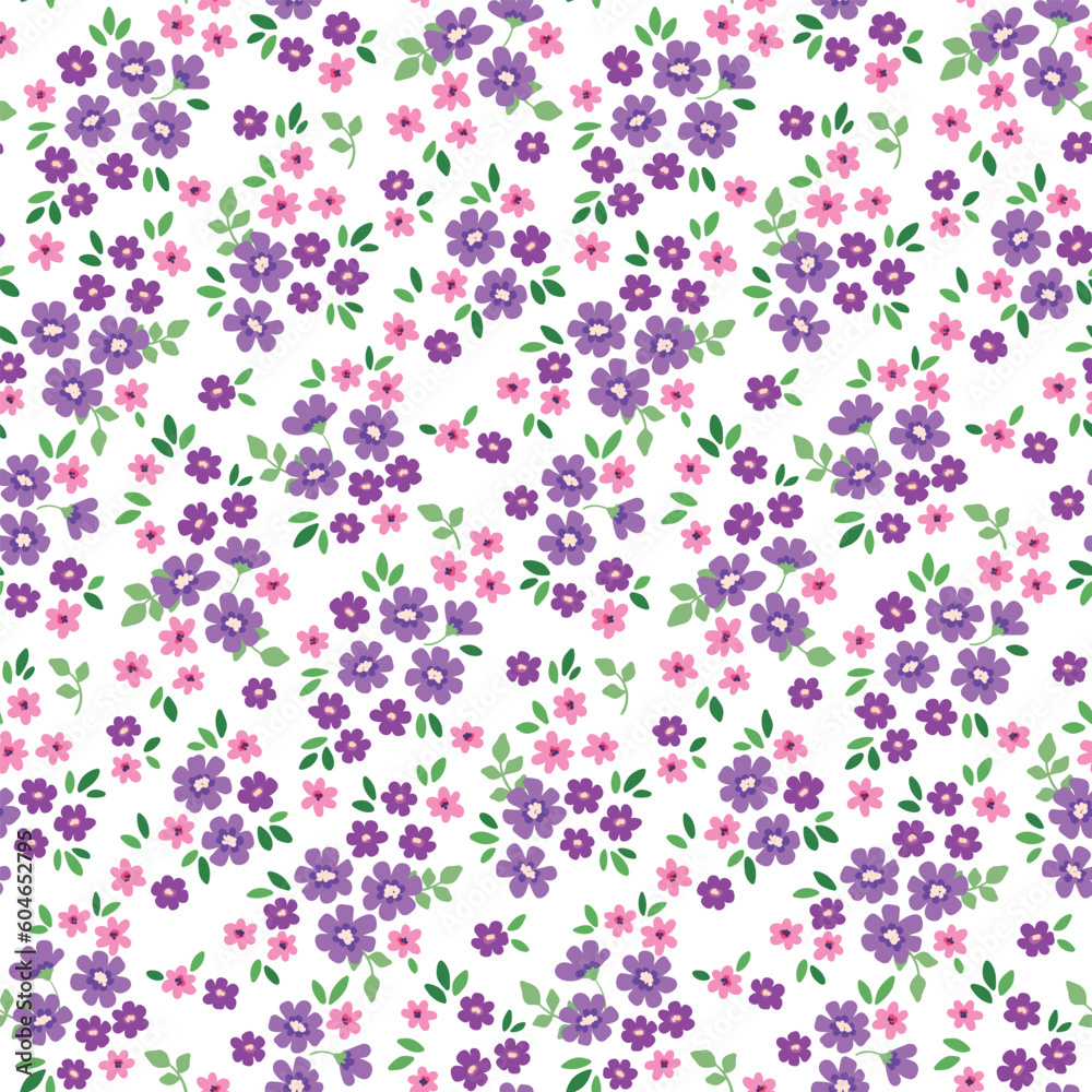 Seamless floral pattern, liberty ditsy print with tiny cute flora. Pretty botanical design with a rustic motif: hand drawn meadow, small flowers, leaves on a white background. Vector illustration.