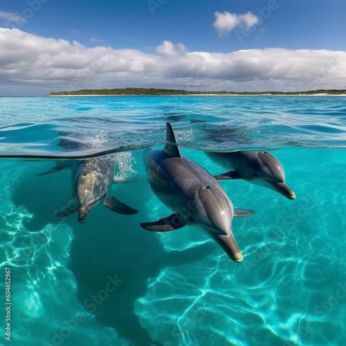 Group of three dolphins underwater in clear ocean  created with Generative AI Technology