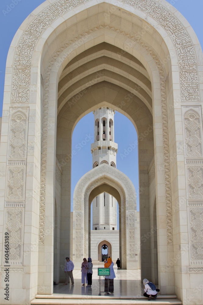 Marble arches in the courtyard of Qaboos grand mosque, Muscat, Oman 