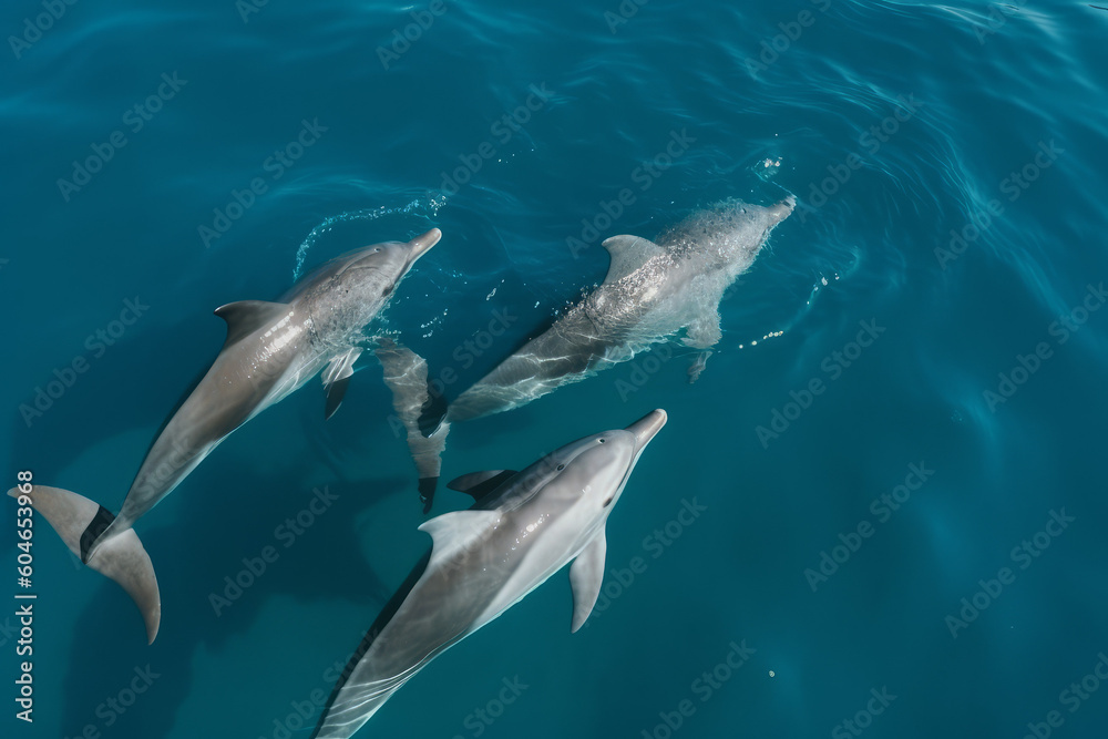 Fototapeta premium Group of three dolphins underwater in ocean, top view, created with Generative AI Technology