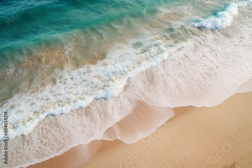 top view of a beautiful sandy beach and ocean nature with waves, created with Generative AI Technology