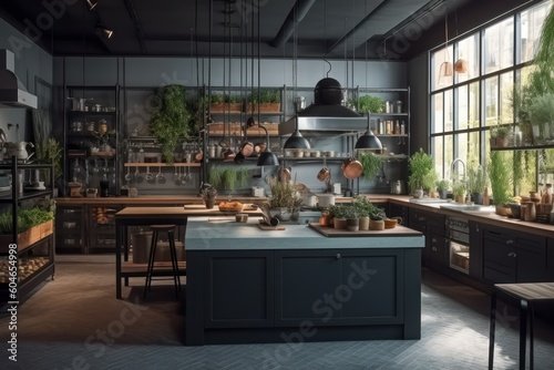 Generative AI an open space industrialis kitchen in the restaurant Photography photo