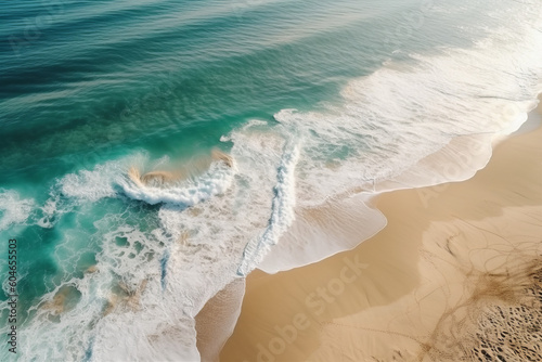top view of a beautiful sandy beach and ocean nature with waves, created with Generative AI Technology