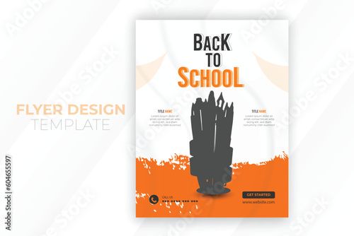 Back to School admission flyer poster template for kids education, modern and creative online school admission poster with abstract orange color shape, book covers, leaflets, brochures