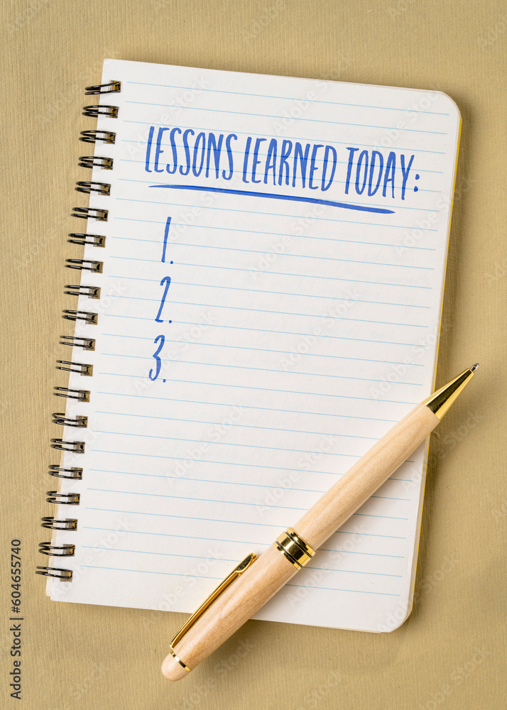 lessons learned today, a list in a notebook or journal, journaling concept lessons learned today, a list in a notebook or journal, journaling concept