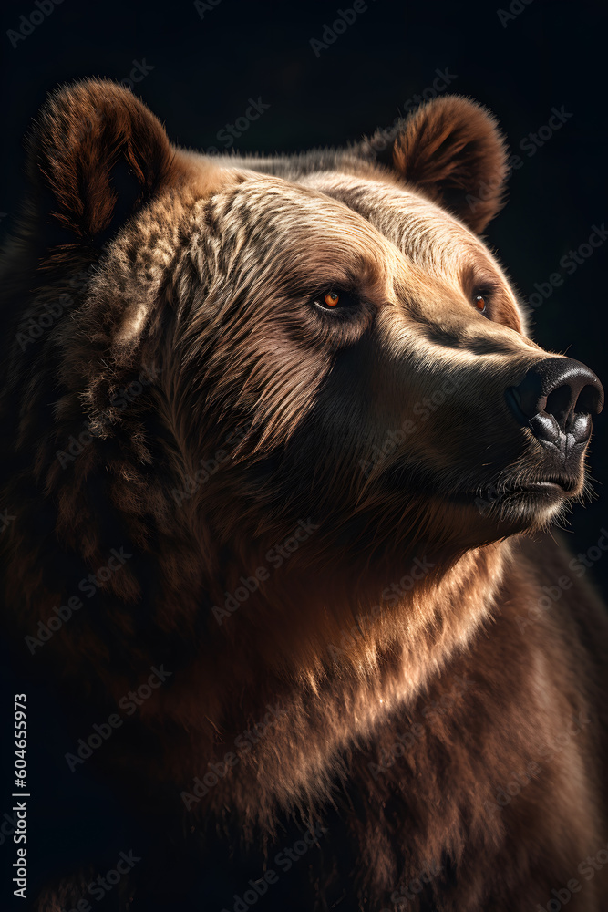 Obraz premium Animal Power - Creative and wonderful colored frontal portrait of a bear like male grizzly in front of a dark background that is as true to the original as possible and photo-like