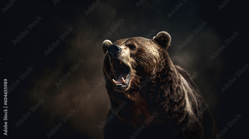 Obraz premium Animal Power - Creative and wonderful colored frontal portrait of a roaring bear like male grizzly in front of a dark background that is as true to the original as possible and photo-like