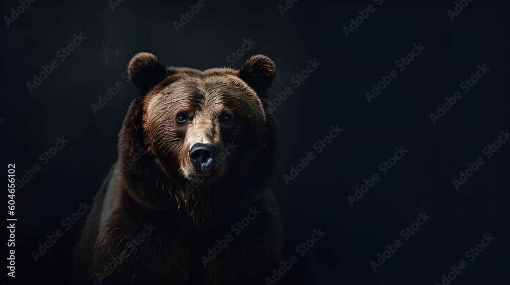 Fototapeta premium Animal Power - Creative and wonderful colored frontal portrait of a bear like male grizzly in front of a dark background that is as true to the original as possible and photo-like