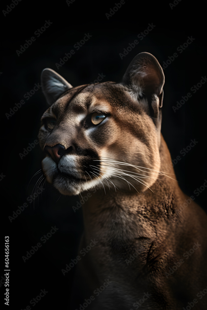 Naklejka premium Animal Power - Creative and wonderful portrait of a male puma against dark background in detail true to the original and photo like