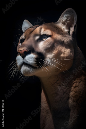 Animal Power - Creative and wonderful portrait  of a male puma against dark background in detail true to the original and photo like