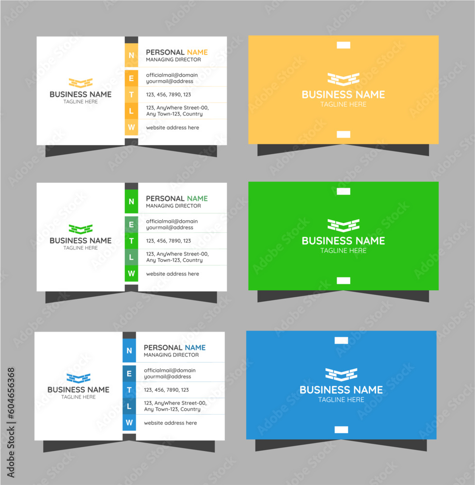 Multiple color business card template design. Modern business card in blue and green color. Professional visiting card layout. Simple calling card for corporate company.