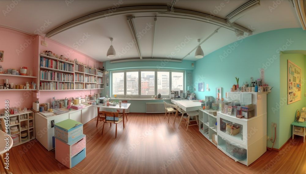 Modern domestic room with elegant wood furniture and bright decoration generated by AI Modern domestic room with elegant wood furniture and bright decoration generated by AI