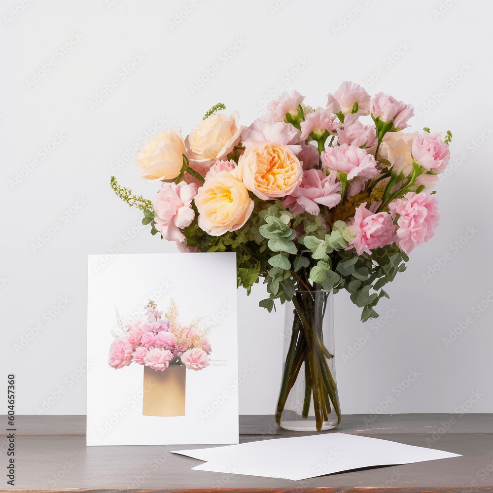 Obraz premium A bouquet of pink flowers is next to a card with peonies. Ai generated