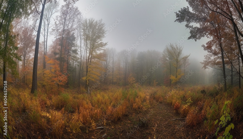 The foggy forest in autumn, a mysterious and tranquil scene generated by AI